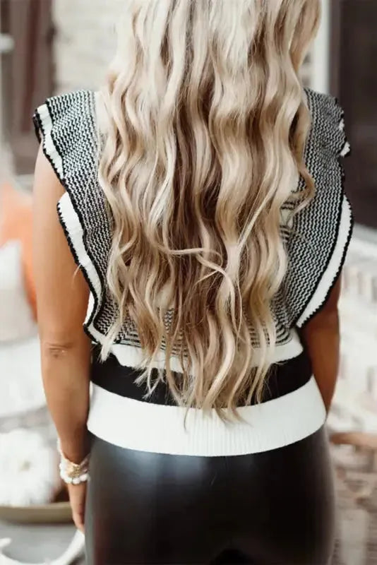 Black Plus Size Mixed Striped Print Ruffled Sweater Vest - Fashionfitz