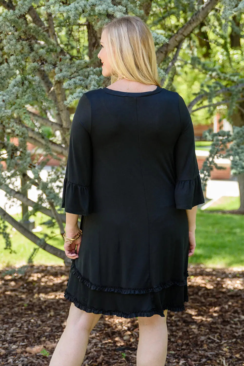 Black plus size ruffled trim 3/4 sleeve dress