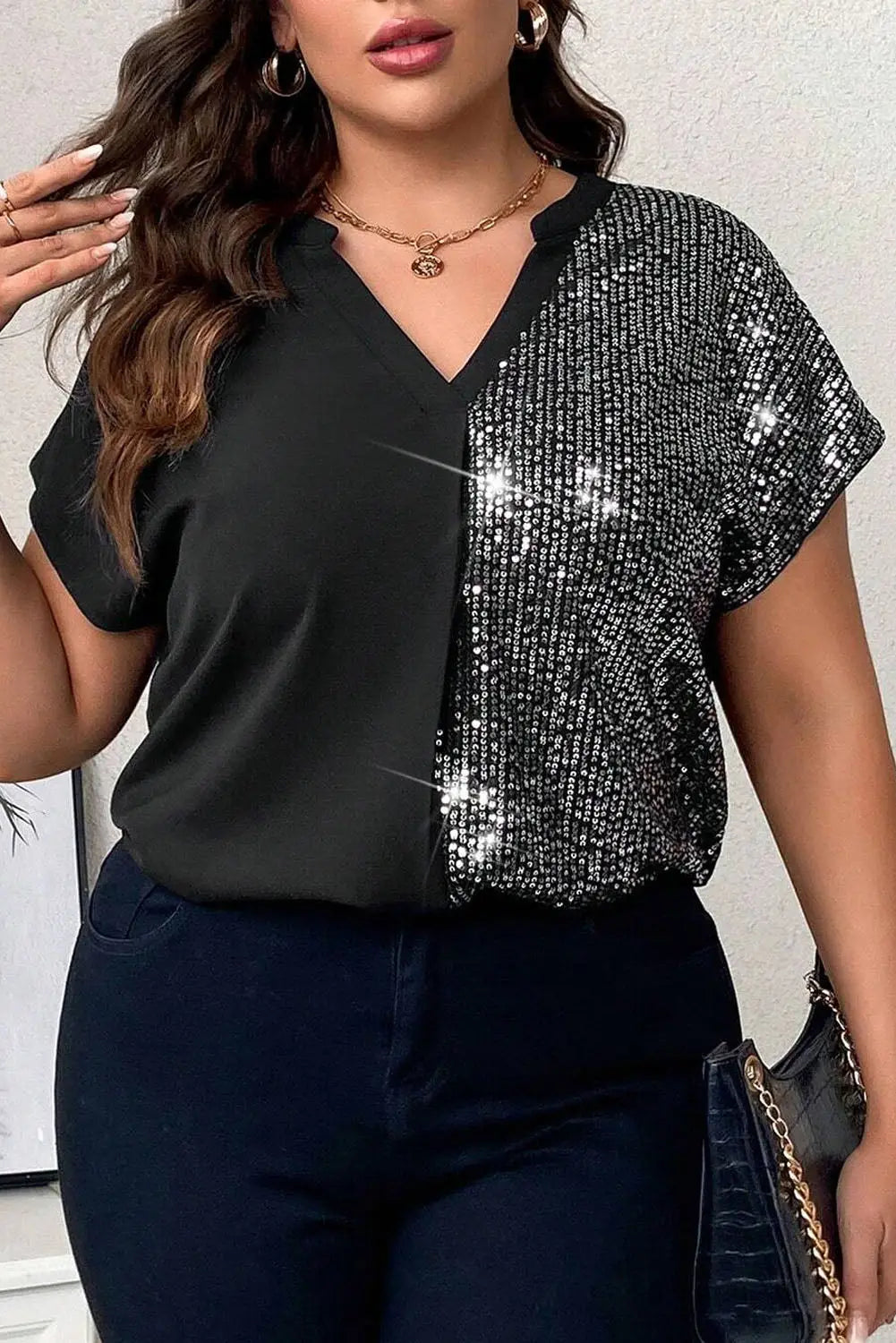 Black plus size sequined v neck top - 1x / 95% polyester + 5% elastane - size/plus tops/plus tops & tees