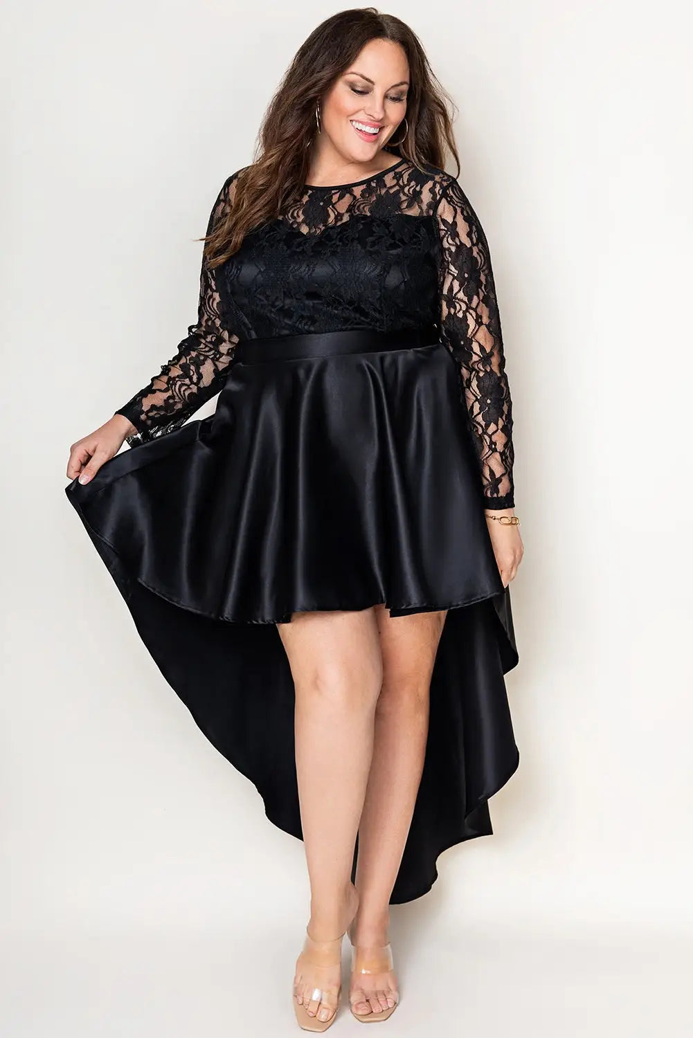 Black plus size sheer lace splice high low satin dress - 1x / 100% polyester