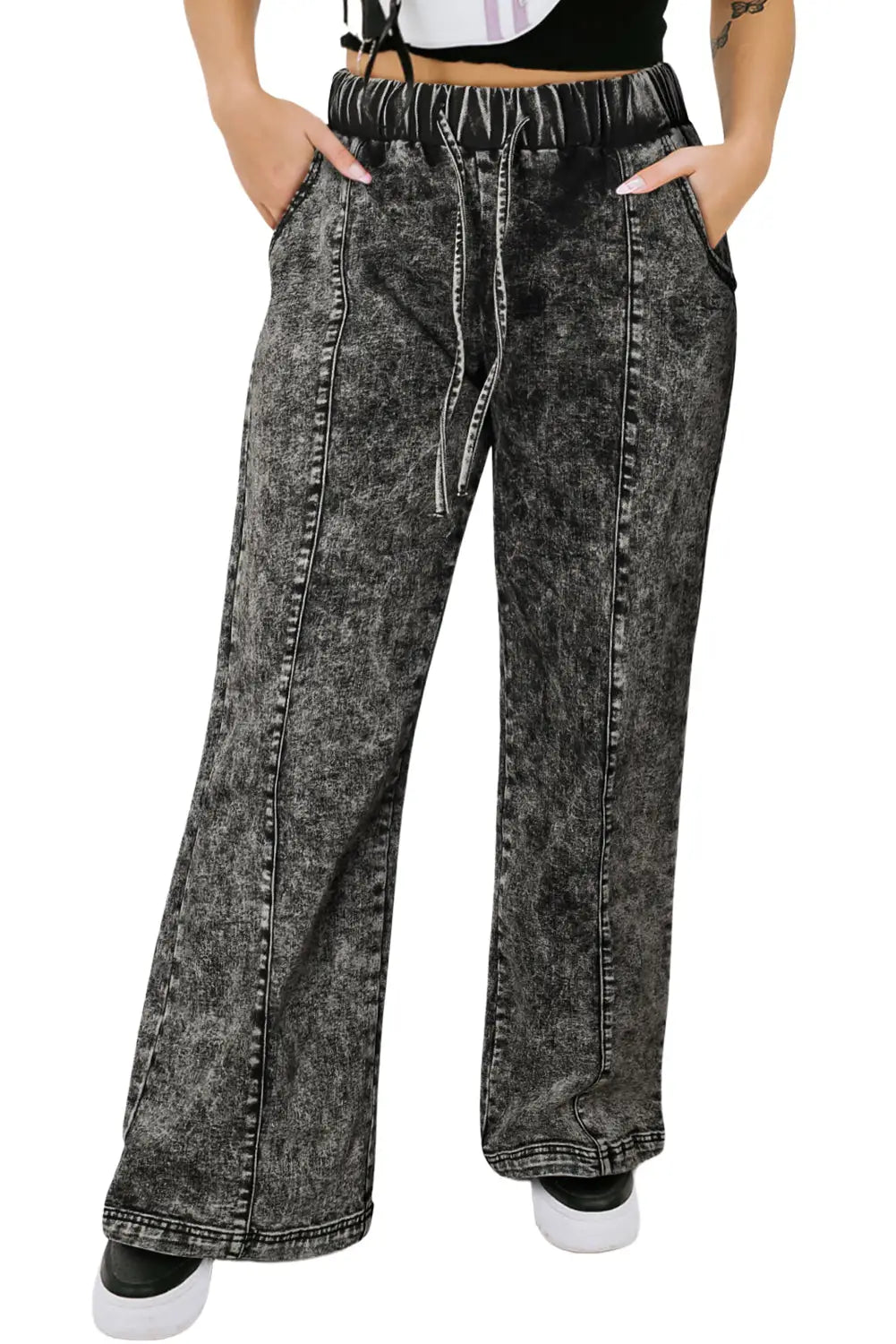 Black plus size tie dye drawstring splicing wide leg jeans