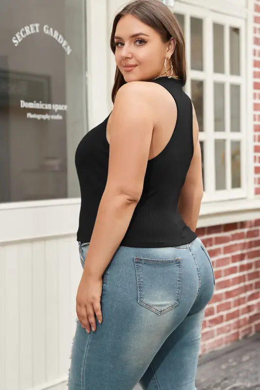 Black plus size zipper front racerback ribbed tank top