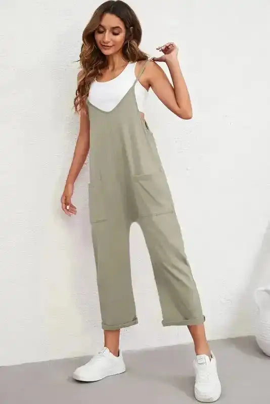 Black Pocketed Adjustable Spaghetti Strap Straight Leg Jumpsuit - Fashionfitz