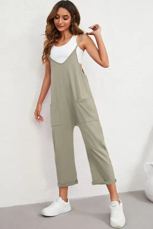 Black pocketed adjustable spaghetti strap straight leg jumpsuit - jumpsuits & rompers