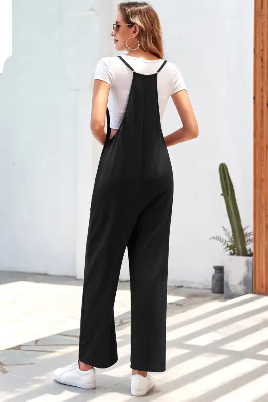 Black pocketed adjustable spaghetti strap straight leg jumpsuit - jumpsuits & rompers