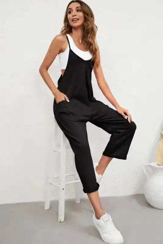 Black Pocketed Adjustable Spaghetti Strap Straight Leg Jumpsuit - Fashionfitz