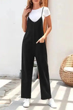 Black Pocketed Adjustable Spaghetti Strap Straight Leg Jumpsuit - Fashionfitz