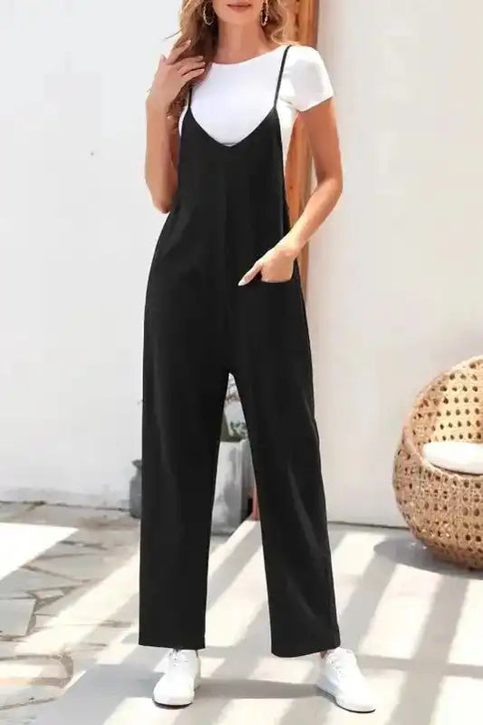 Black Pocketed Adjustable Spaghetti Strap Straight Leg Jumpsuit - Fashionfitz
