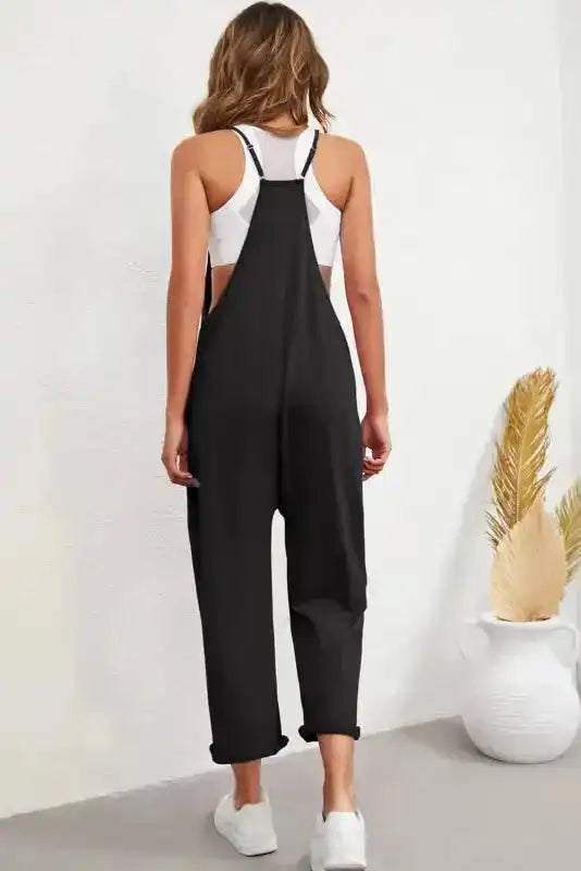 Black Pocketed Adjustable Spaghetti Strap Straight Leg Jumpsuit - Fashionfitz
