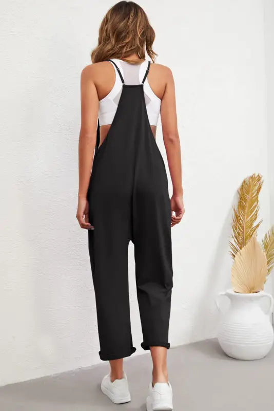 Black pocketed adjustable spaghetti strap straight leg jumpsuit - jumpsuits & rompers