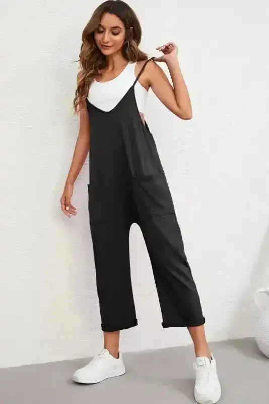 Black Pocketed Adjustable Spaghetti Strap Straight Leg Jumpsuit - Fashionfitz