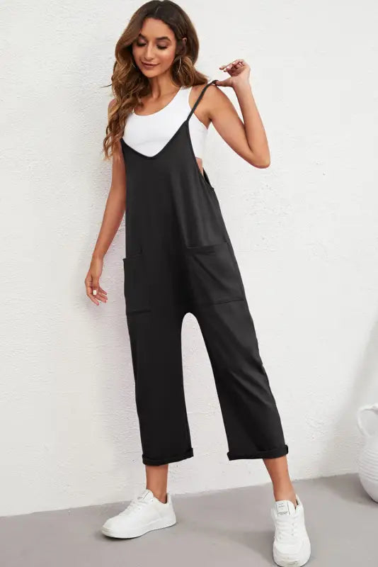 Black pocketed adjustable spaghetti strap straight leg jumpsuit - jumpsuits & rompers