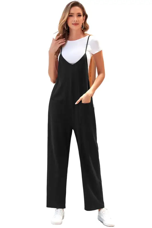 Black pocketed adjustable spaghetti strap straight leg jumpsuit - jumpsuits & rompers