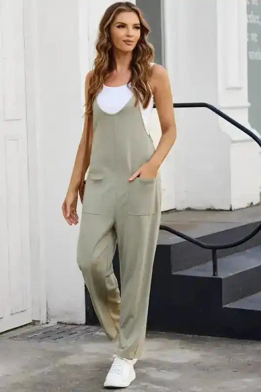 Black Pocketed Adjustable Spaghetti Strap Straight Leg Jumpsuit - Fashionfitz