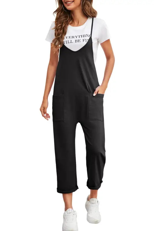 Black pocketed adjustable spaghetti strap straight leg jumpsuit - jumpsuits & rompers