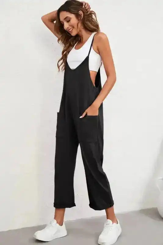 Black Pocketed Adjustable Spaghetti Strap Straight Leg Jumpsuit - Fashionfitz