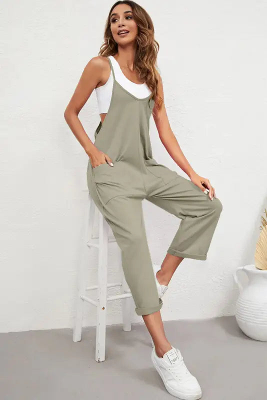 Black pocketed adjustable spaghetti strap straight leg jumpsuit - jumpsuits & rompers