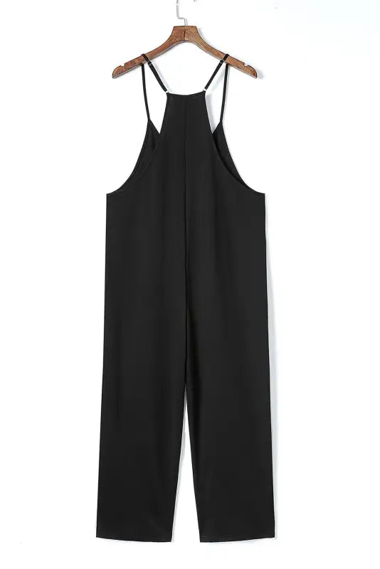 Black pocketed adjustable spaghetti strap straight leg jumpsuit - jumpsuits & rompers