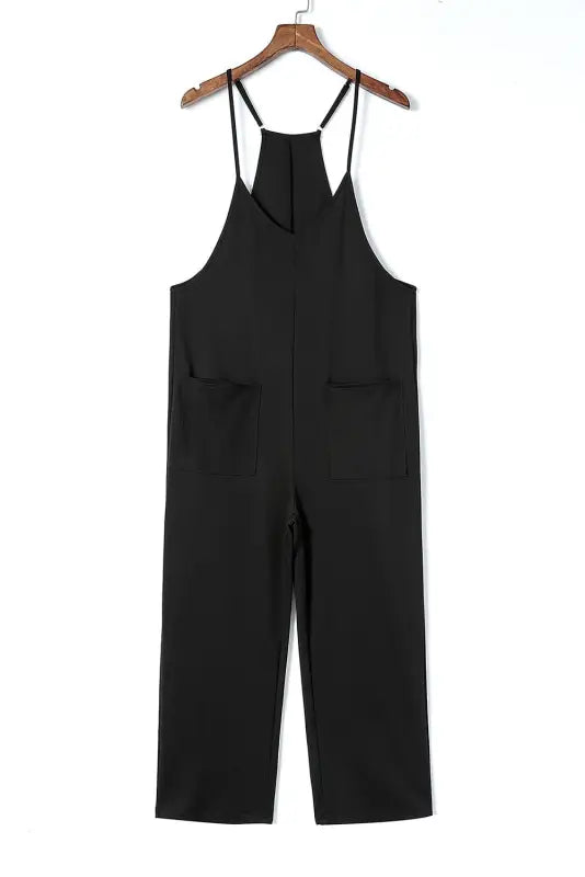 Black pocketed adjustable spaghetti strap straight leg jumpsuit - jumpsuits & rompers