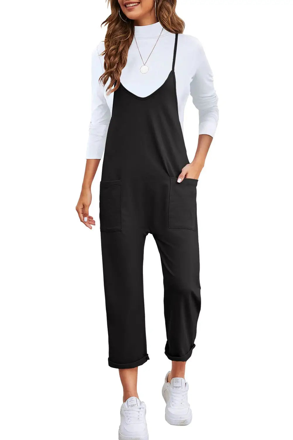 Black pocketed adjustable spaghetti strap straight leg jumpsuit - jumpsuits & rompers