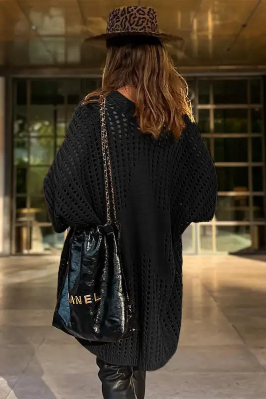 Black pointelle knit duster cardigan - cardigans