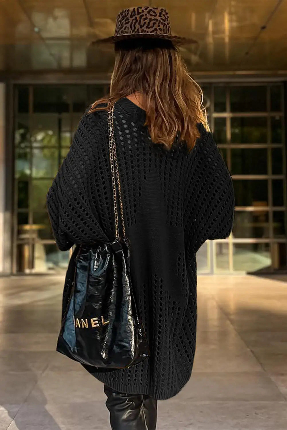 Black pointelle knit pocket open front cardigan - tops