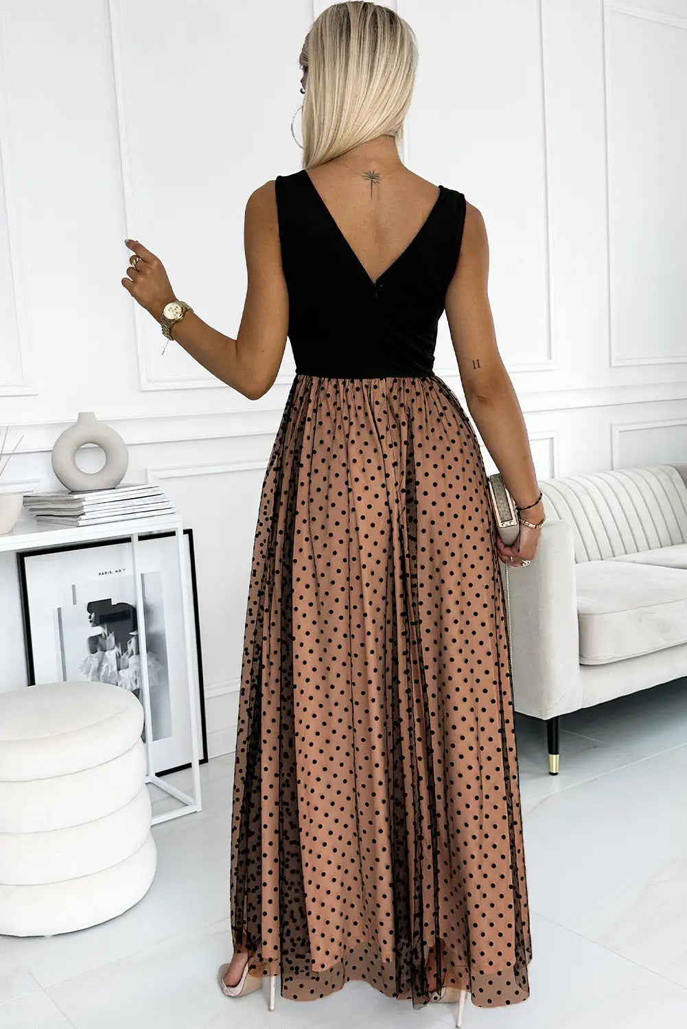 Black polka dot mesh overlay sleeveless maxi dress - dresses