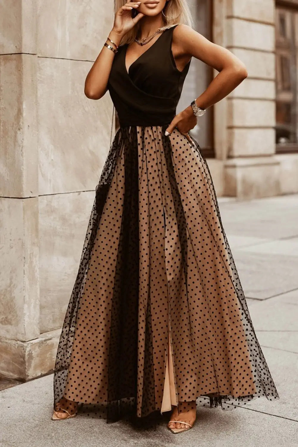 Black polka dot mesh overlay sleeveless maxi dress - dresses