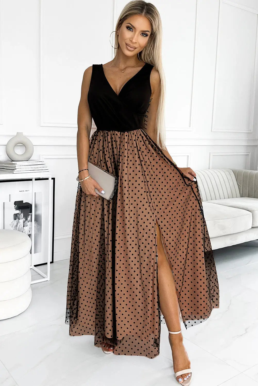 Black polka dot mesh overlay sleeveless maxi dress - s / 95% polyester + 5% elastane - dresses