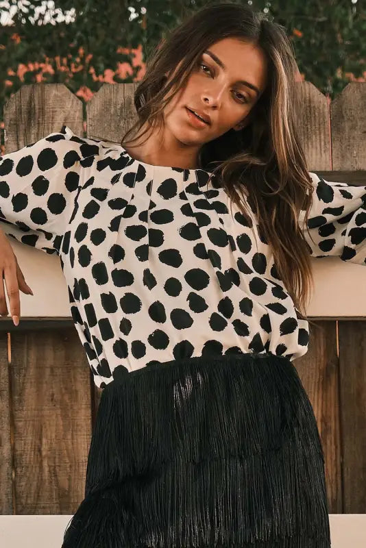 Black polka dot print buttoned sleeve pleat blouse - tops