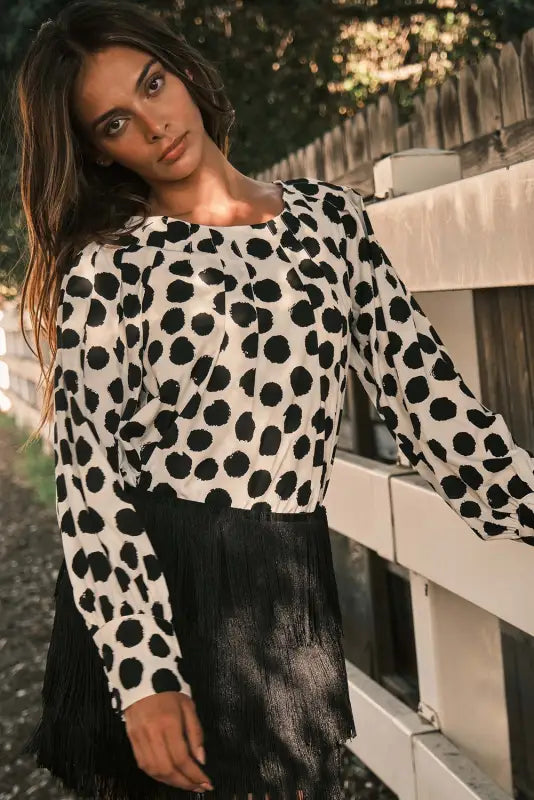 Black polka dot print buttoned sleeve pleat blouse - tops