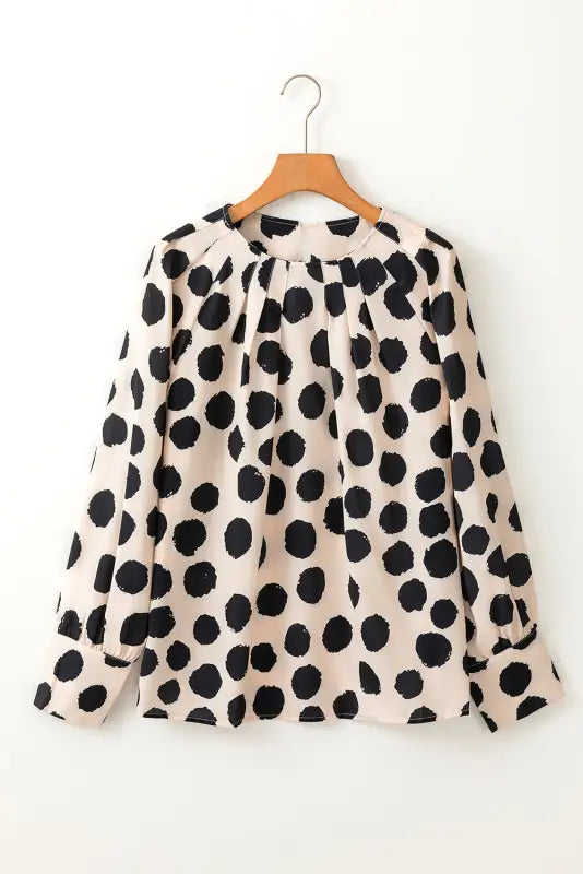 Black polka dot print buttoned sleeve pleat blouse - tops