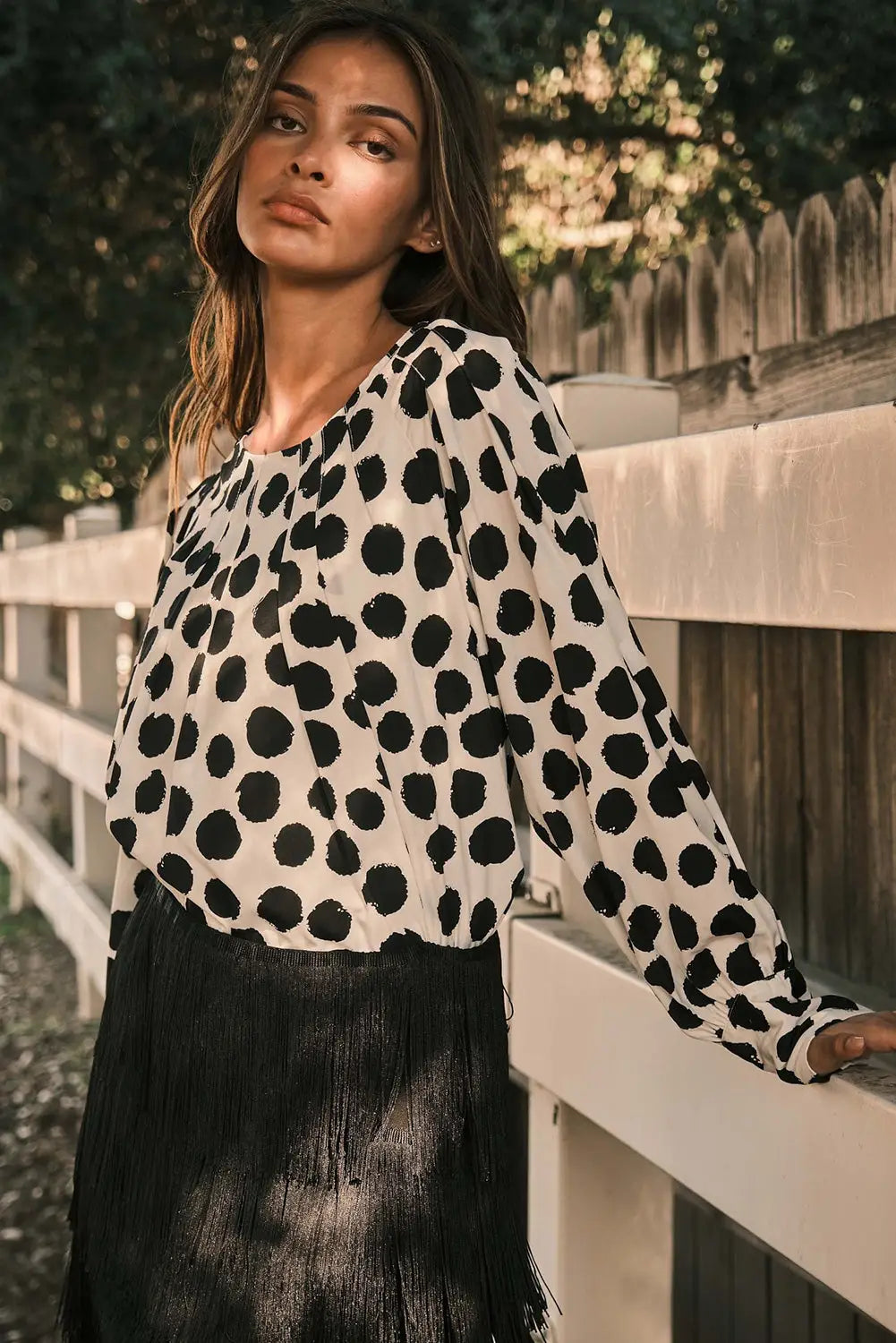 Black polka dot print buttoned sleeve pleat blouse - blouses & shirts
