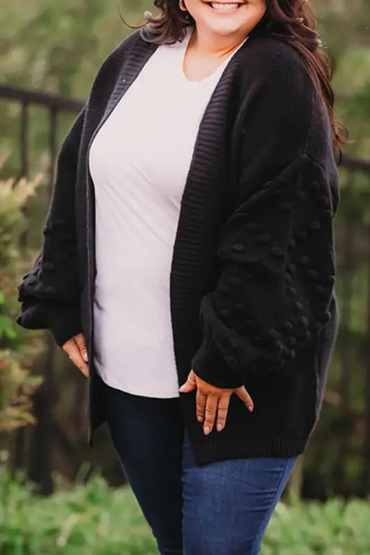 Black pom detail open front plus size cardigan - 3x / 52% viscose + 26% polyester + 22% polyamide