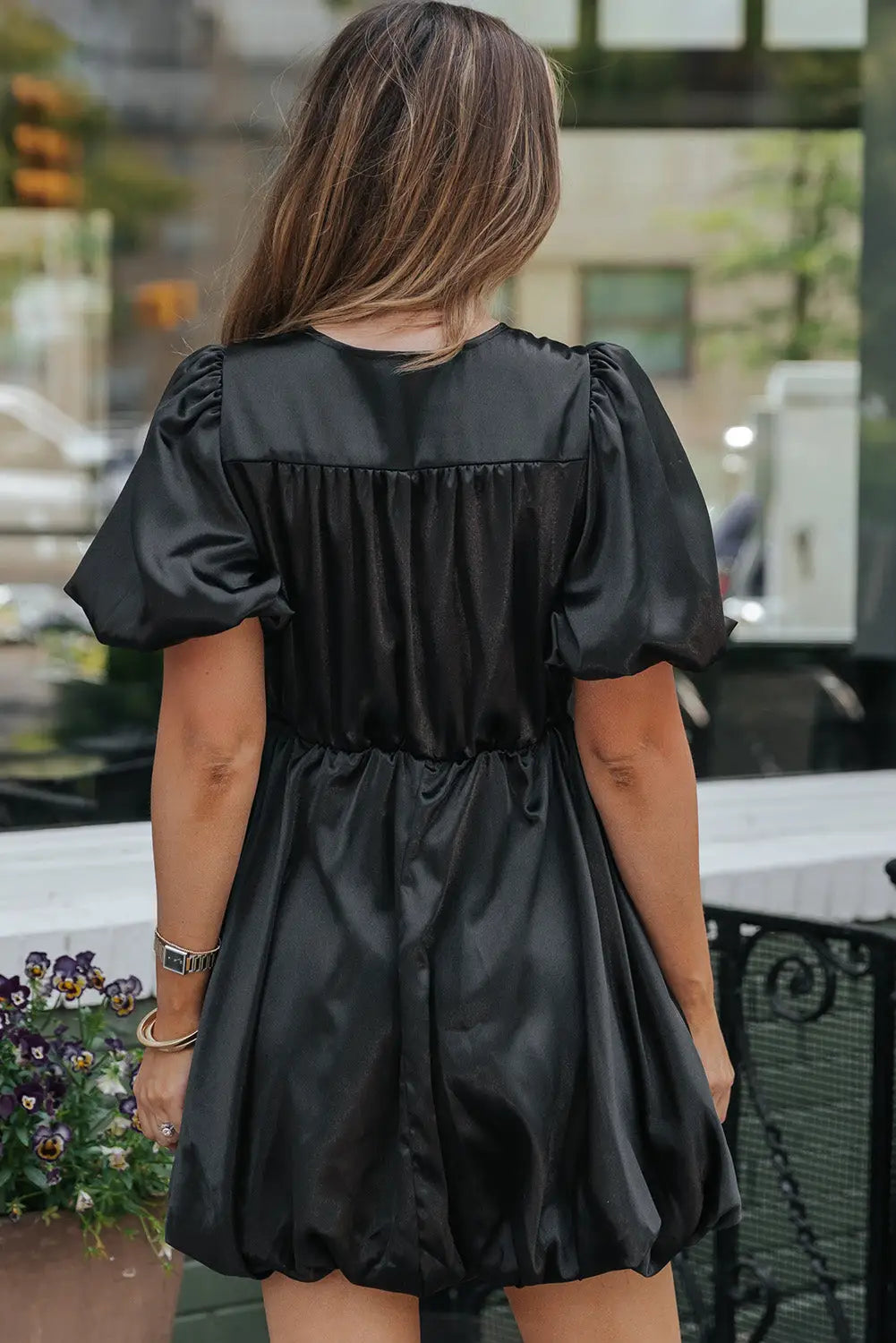 Black princess bubble sleeve satin mini dress - dresses