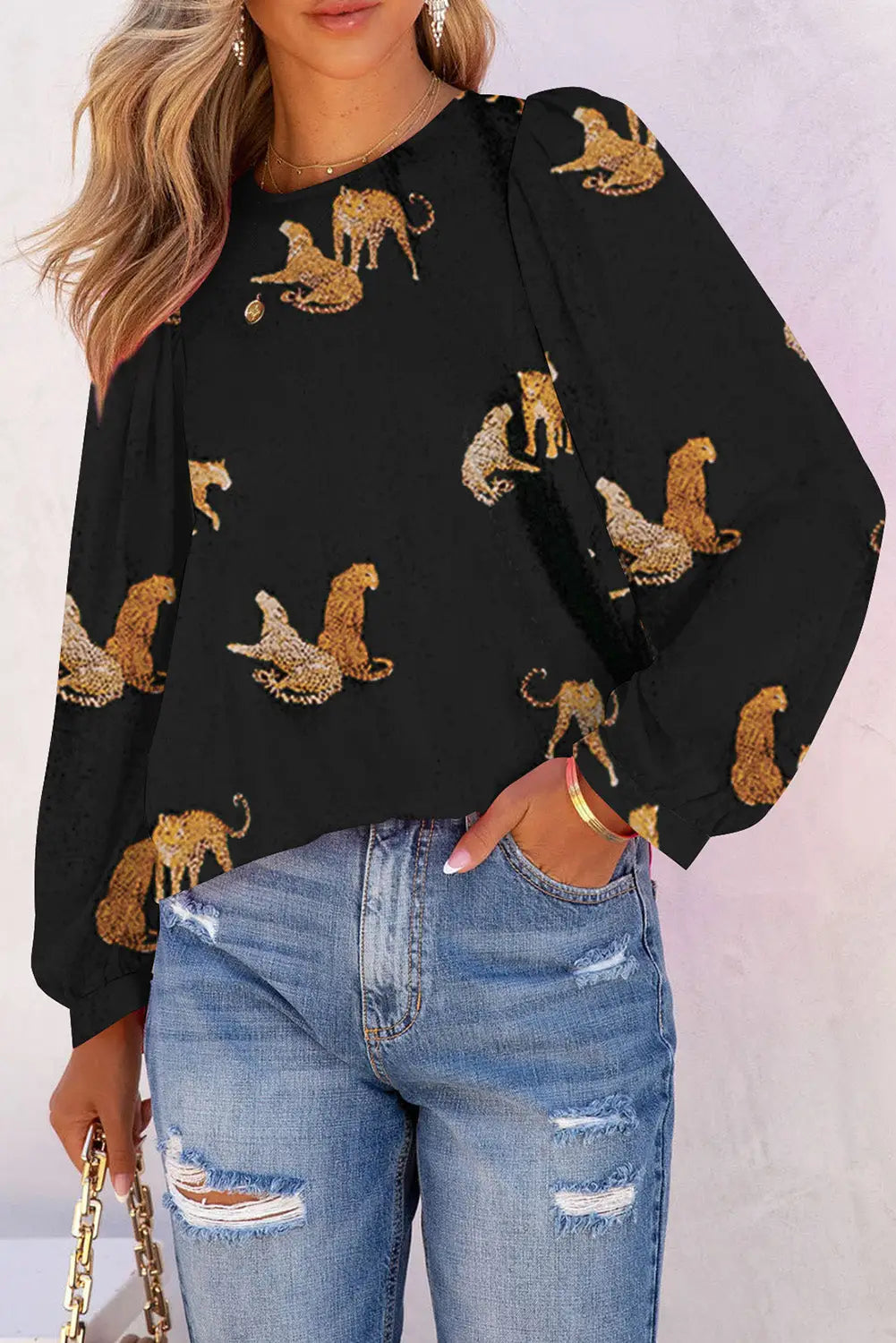 Black printed cheetah print bubble sleeve blouse - l / 100% polyester - blouses & shirts