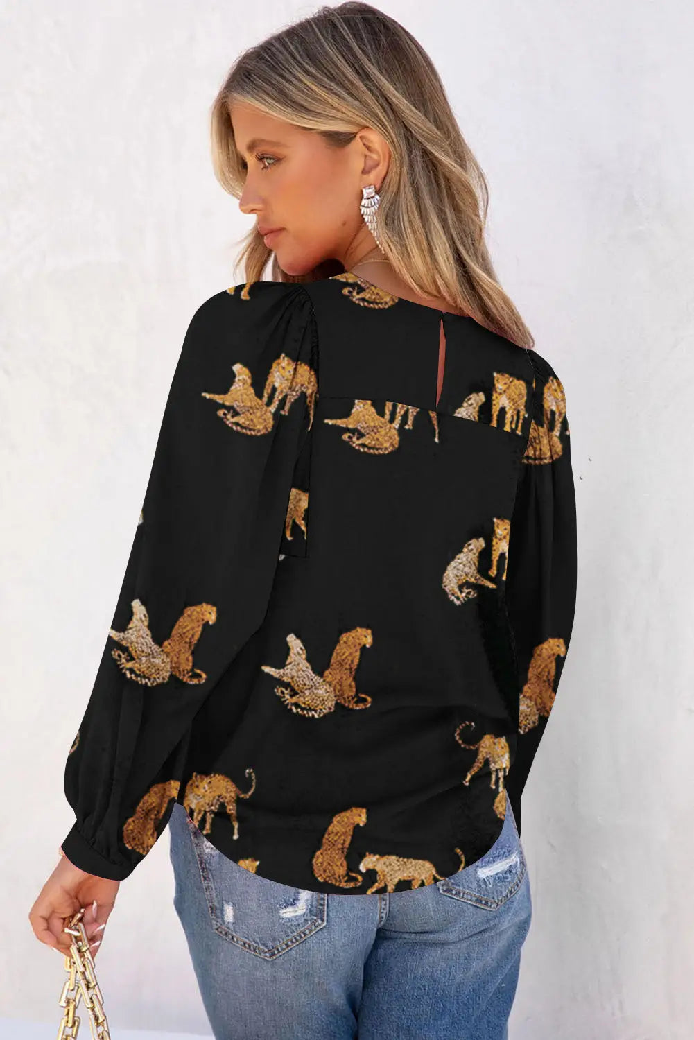 Black printed cheetah print bubble sleeve blouse - blouses & shirts