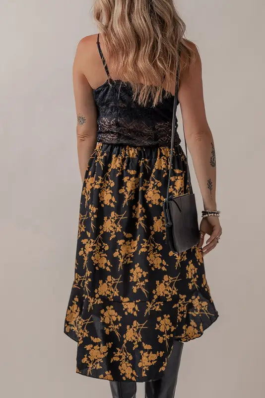 Black printed elastic waist button decor floral ruffle skirt - skirts