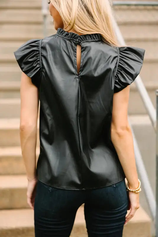 Black pu leather frilly ruffle trim blouse