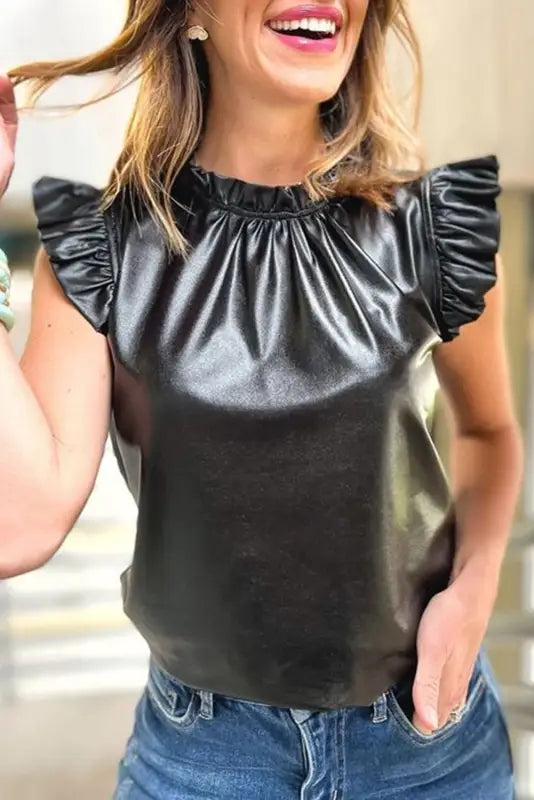 Black pu leather frilly ruffle trim blouse