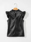 Black pu leather blouse - ruffle trim | fashionfitz