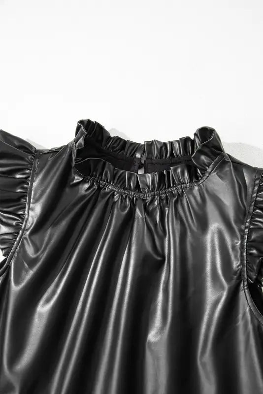 Black pu leather blouse - ruffle trim | fashionfitz