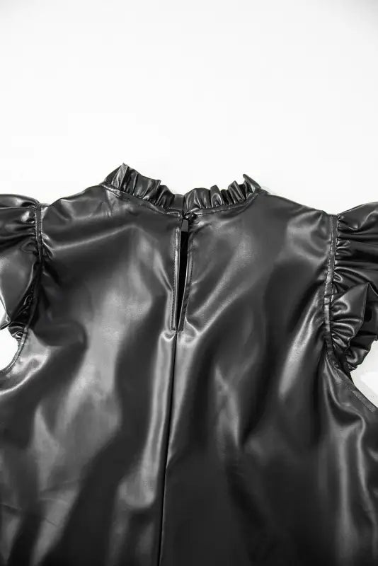 Black pu leather blouse - ruffle trim | fashionfitz