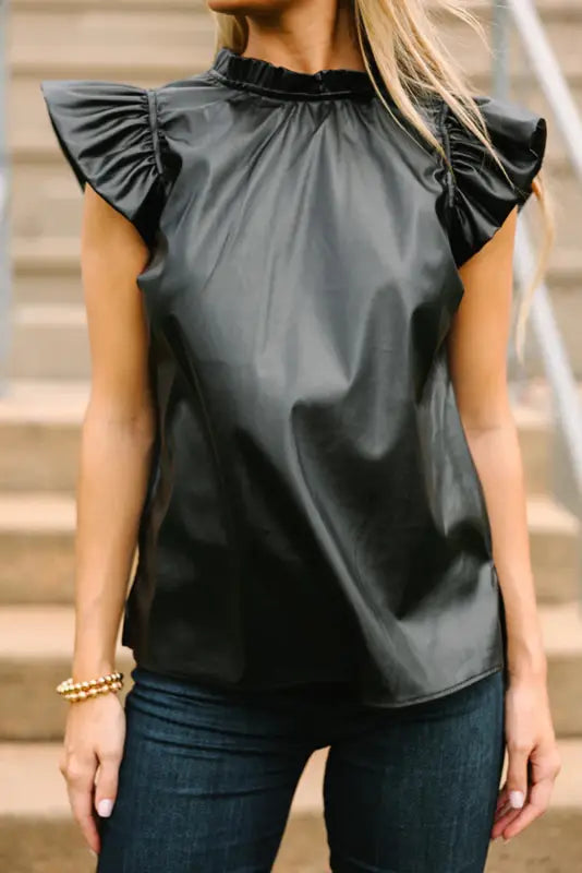 Black pu leather blouse - ruffle trim | fashionfitz