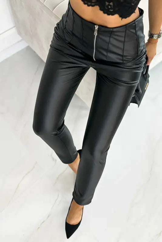 Black pu leather zipped high waist skinny pants - bottoms