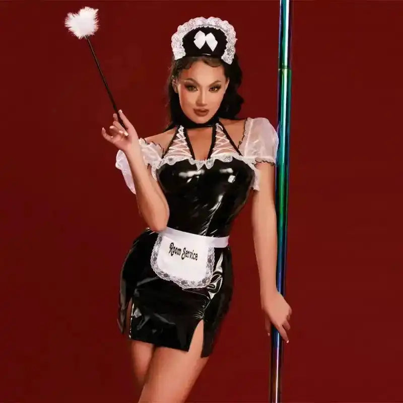 Close-up of black PU skirt and white mesh shoulder design from French maid cosplay set