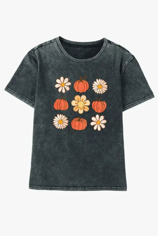 Black pumpkin floret graphic vintage washed t-shirt - t-shirts