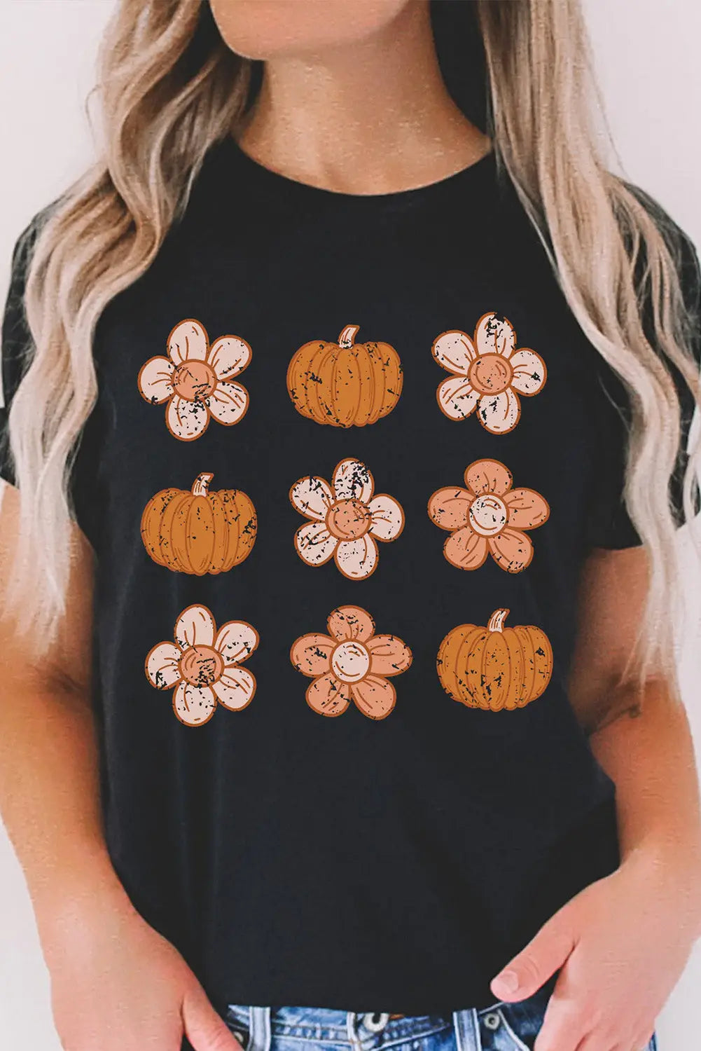 Black pumpkin flower print short sleeve graphic top - s / 95% polyester + 5% elastane - t-shirts
