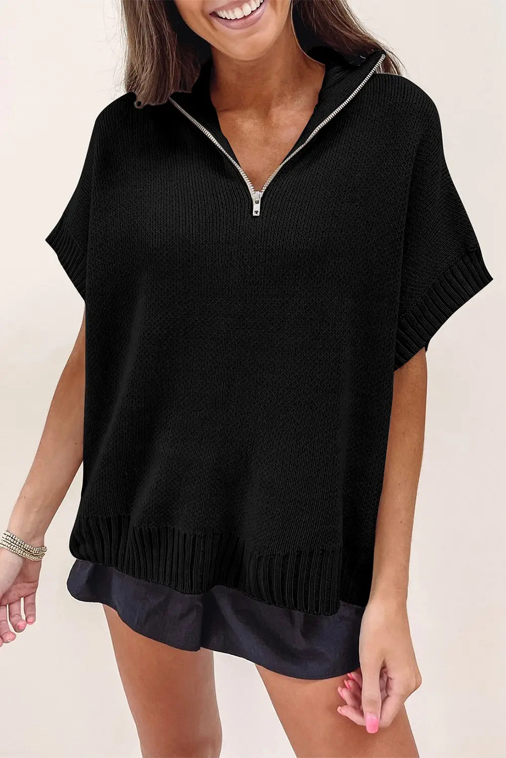 Black quarter zip short batwing sleeve sweater - l / 55% acrylic + 45% cotton - sweaters & cardigans