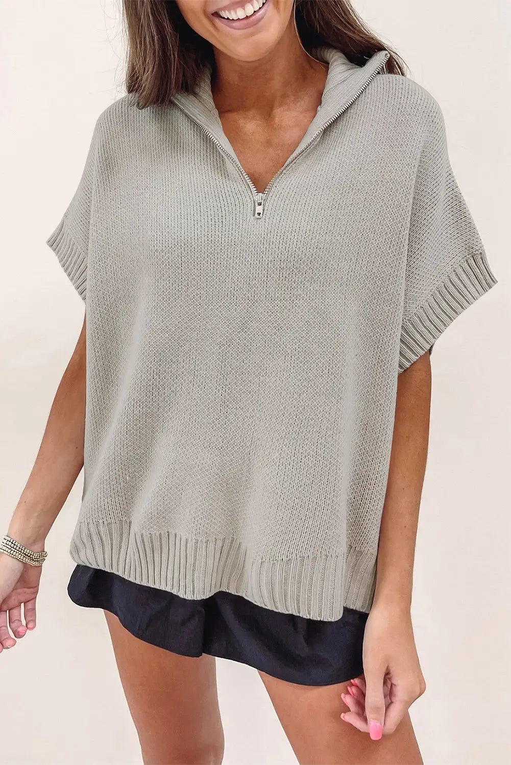 Black quarter zip short batwing sleeve sweater - light grey / l / 55% acrylic + 45% cotton - sweaters & cardigans